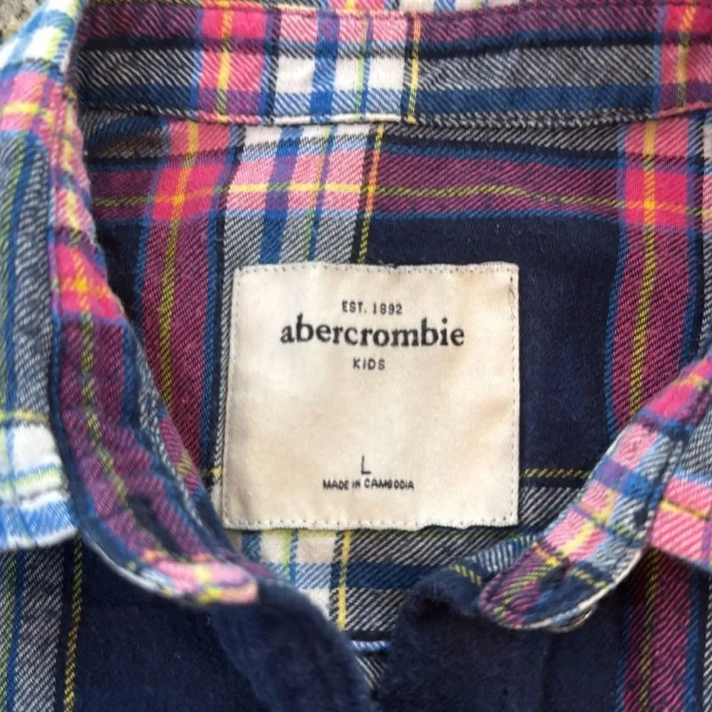 Abercrombie kids girls Navy and Pink Plaid flannel button down Shirt size L